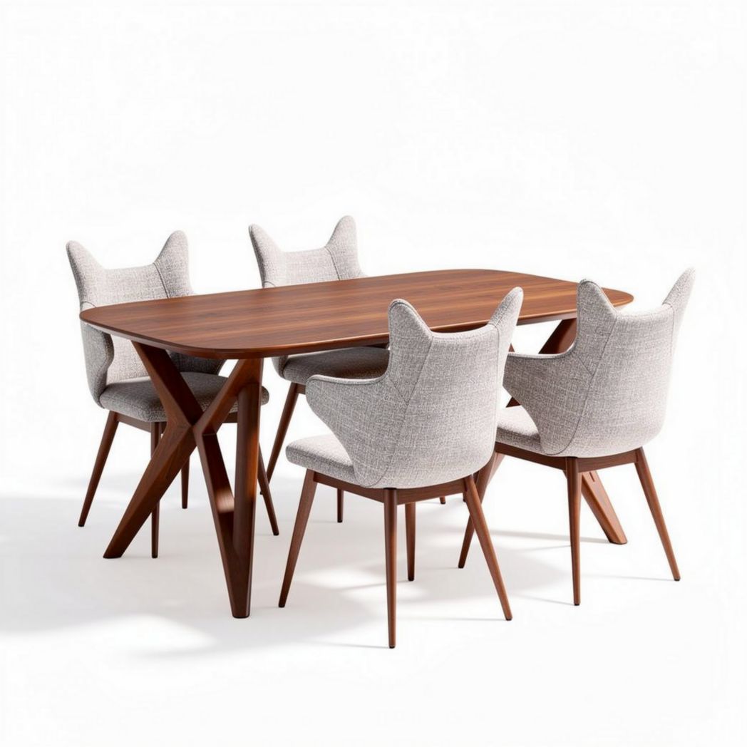 Wooden dining table set with four upholstered chairs in light gray 160 x 90 x 75cm