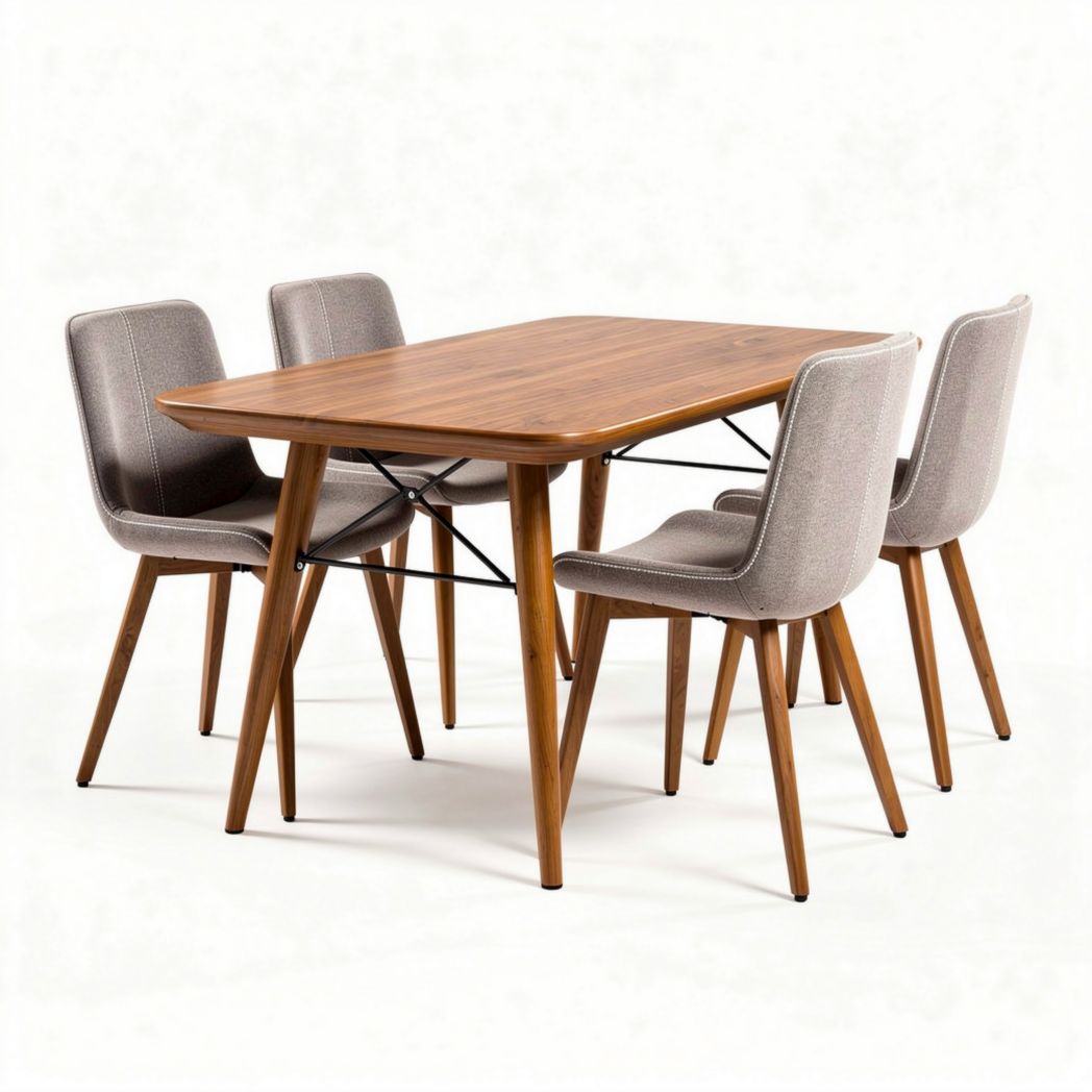 Wooden dining table with four upholstered chairs in gray 150 x 90 x 75cm