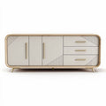 Modern white sideboard with geometric design and natural wood legs 120 x 45 x 70cm