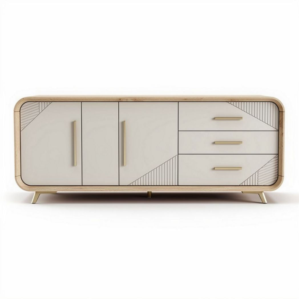 Modern white sideboard with geometric design and natural wood legs 120 x 45 x 70cm