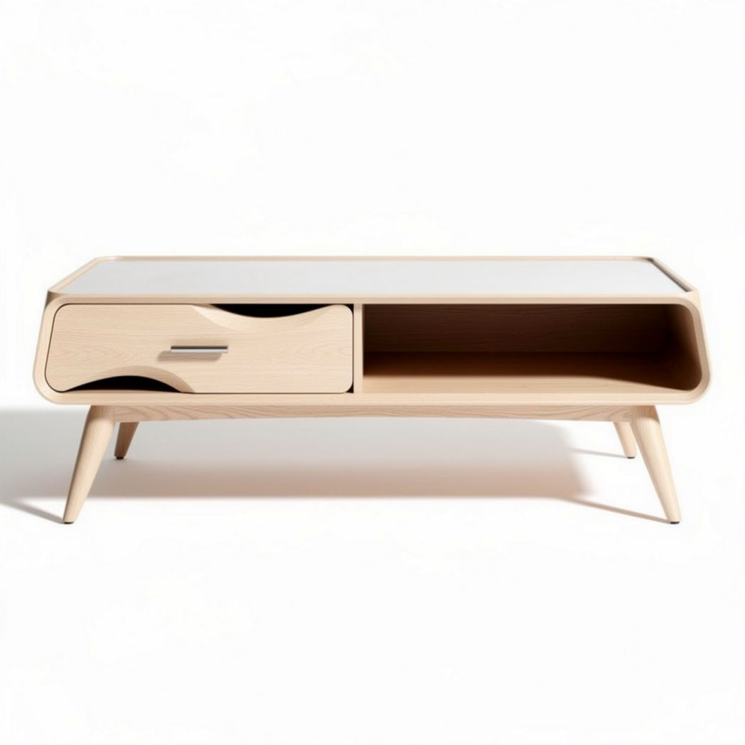 Modern wooden coffee table with storage drawer and open shelf design 100 x 50 x 40cm