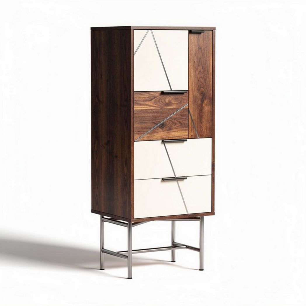 Wooden storage cabinet with metallic legs and geometric design 80 x 40 x 160cm