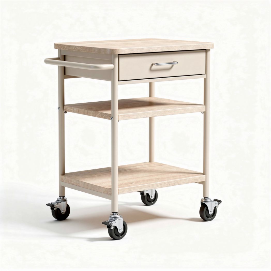 Wooden rolling cart with one drawer and two shelves 75 x 45 x 80cm beige