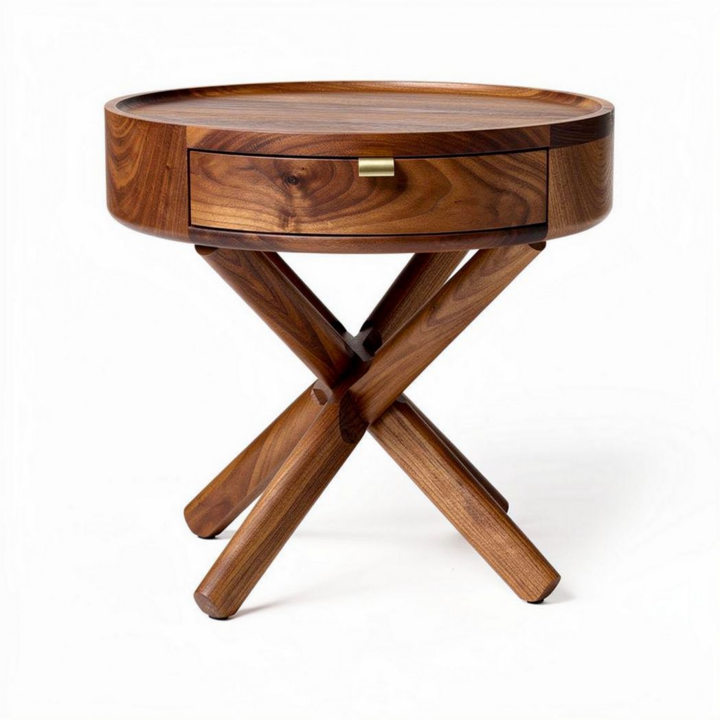 Wooden side table with round top and single drawer 45 x 45 x 55cm