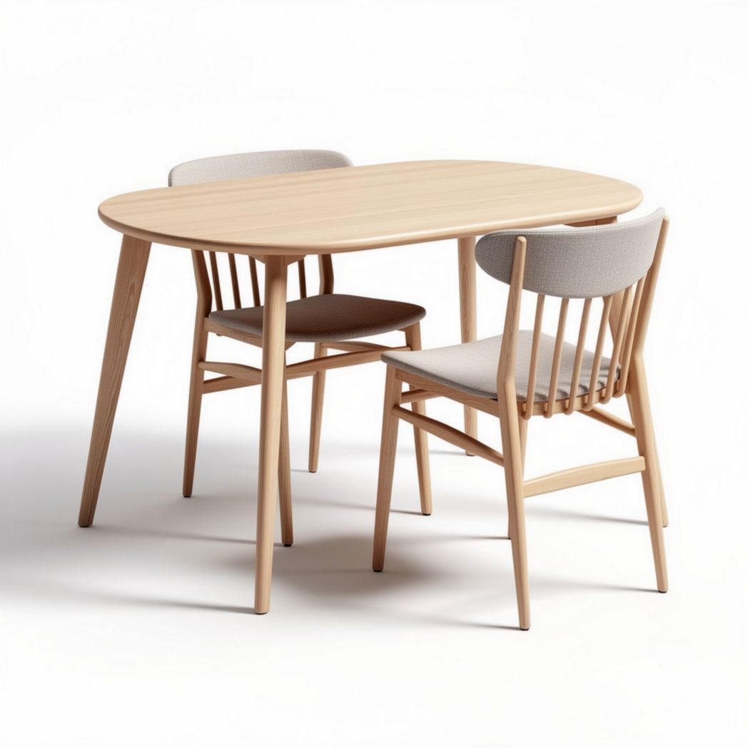 Solid wood dining table with two upholstered chairs in natural finish 120 x 80 x 75cm
