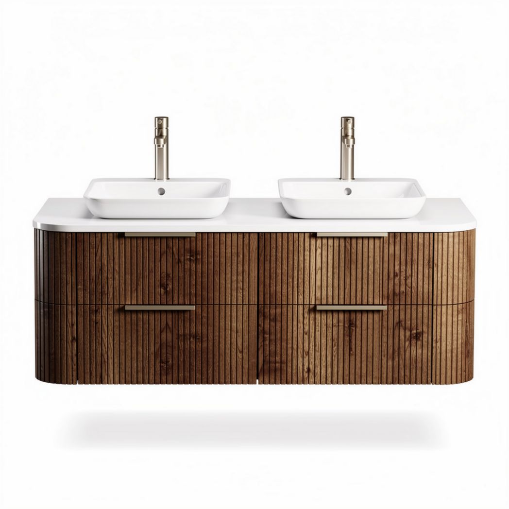Double sink bathroom vanity with wooden cabinetry and white solid surface 120 x 50 x 80cm