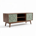 Wooden media console cabinet with green accent doors 150 x 40 x 50cm