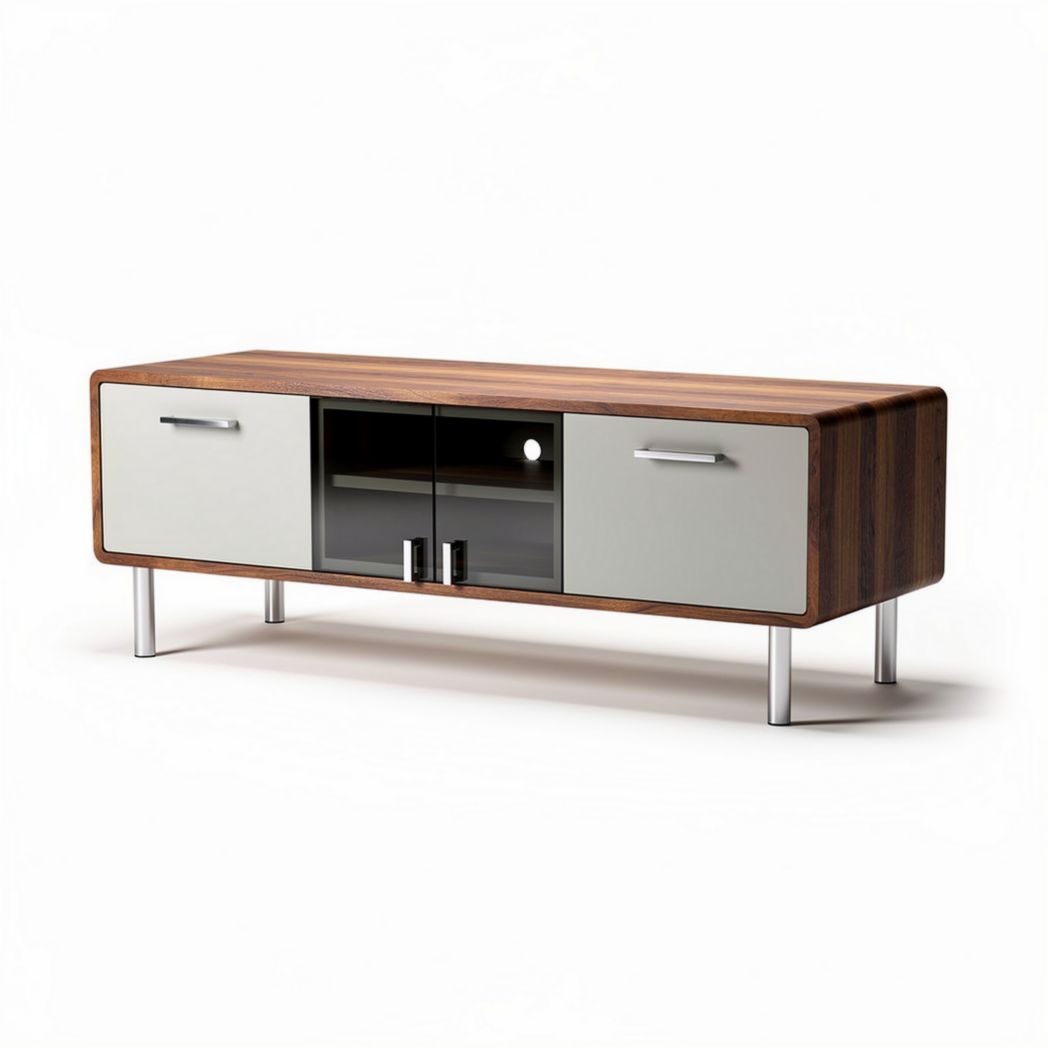 Modern wooden media console with glass doors and metal legs 150 x 40 x 50cm