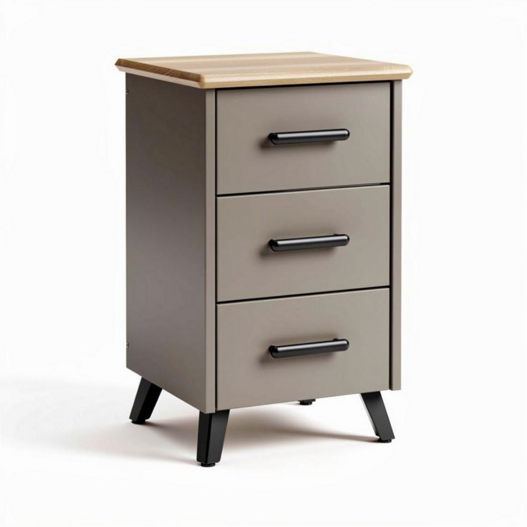 Three-drawer bedside table with wooden top and metal legs in gray 45 x 40 x 60cm