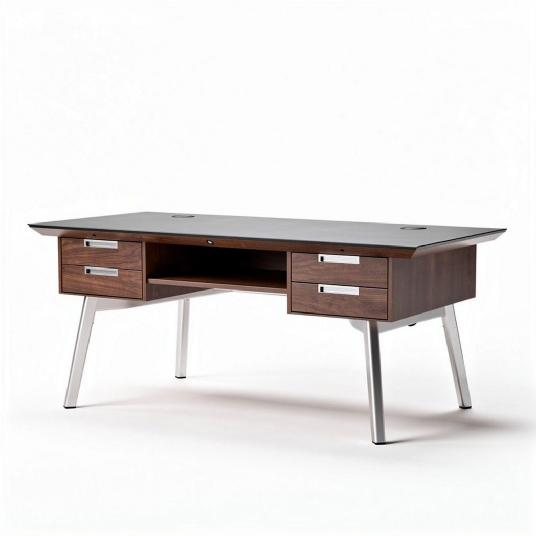 Wood desk with storage drawers and metal legs for office use 150 x 75 x 75cm