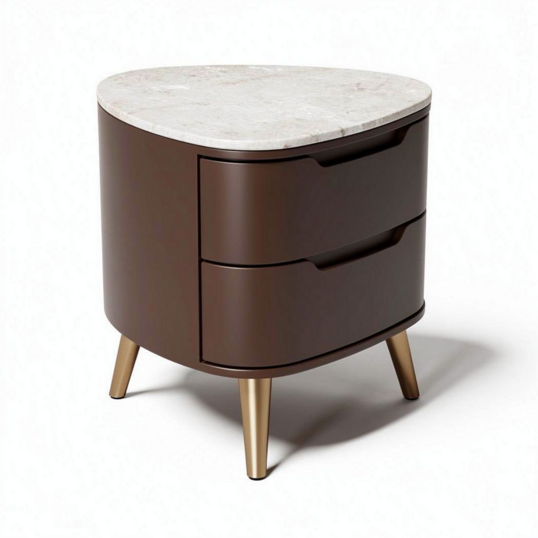 Modern brown bedside table with marble top and two drawers 40 x 30 x 50cm